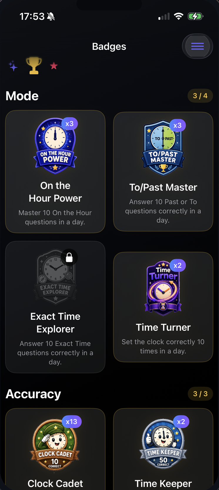 TellTime badges screen showing achievements for learning milestones.