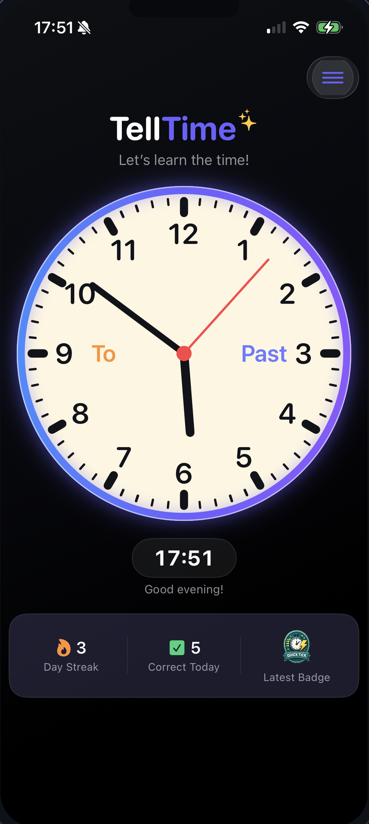 TellTime clock learning screen showing an analogue clock and daily progress.