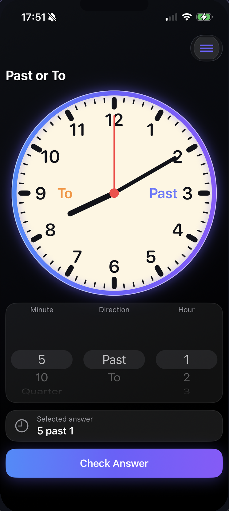 TellTime practice mode with answer controls and a check answer button.